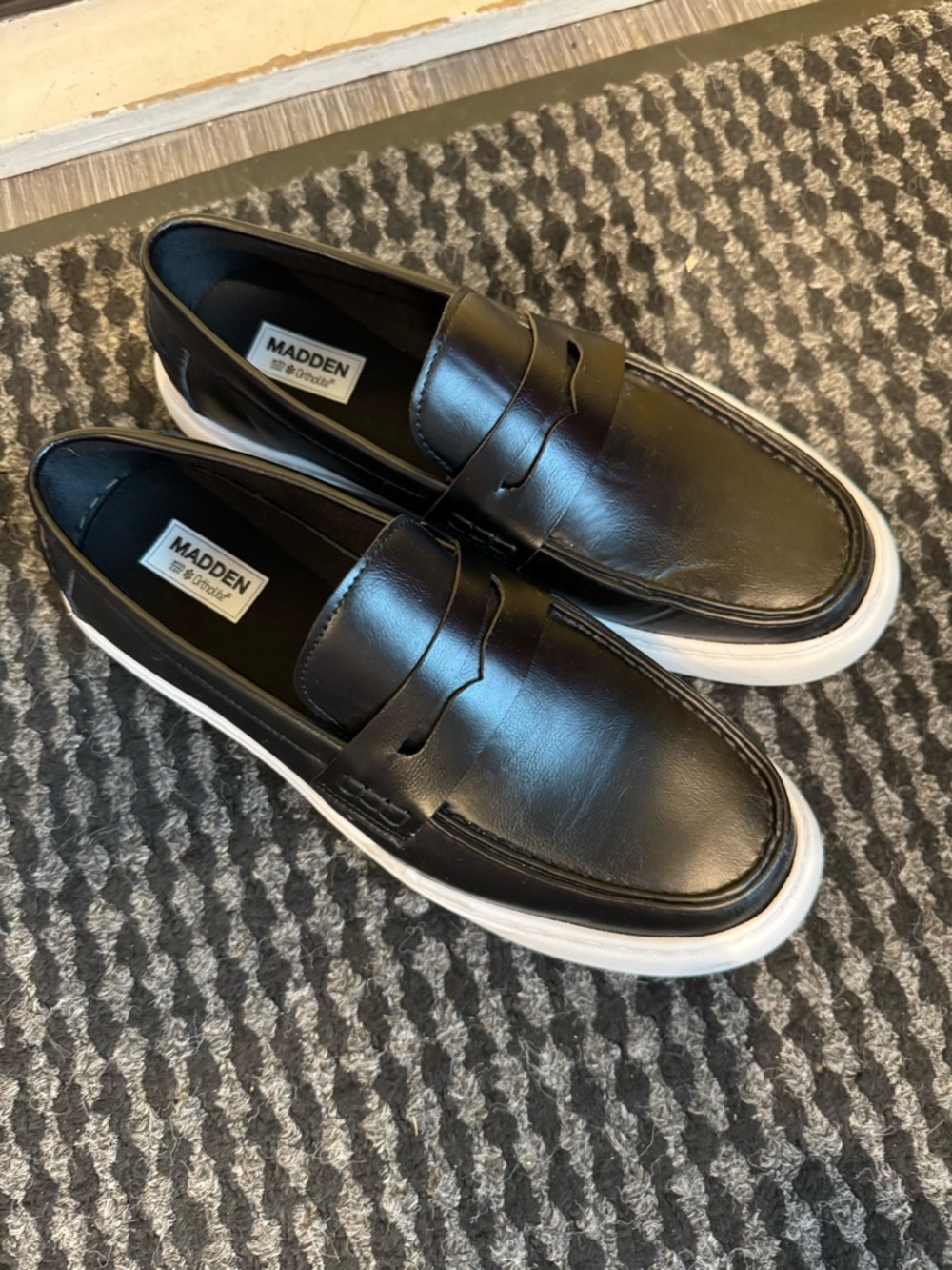 Steve Madden Black Leather Slip-On Penny Loafers with White Sole